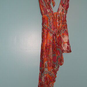 Red and Orange Sleeveless Sundress with Asymmetrical Length for Resort Wear